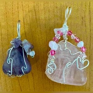 Bundle-2 Vintage Artisan Made Tumbled Stone Pendants-Rose Quartz & Amethyst
